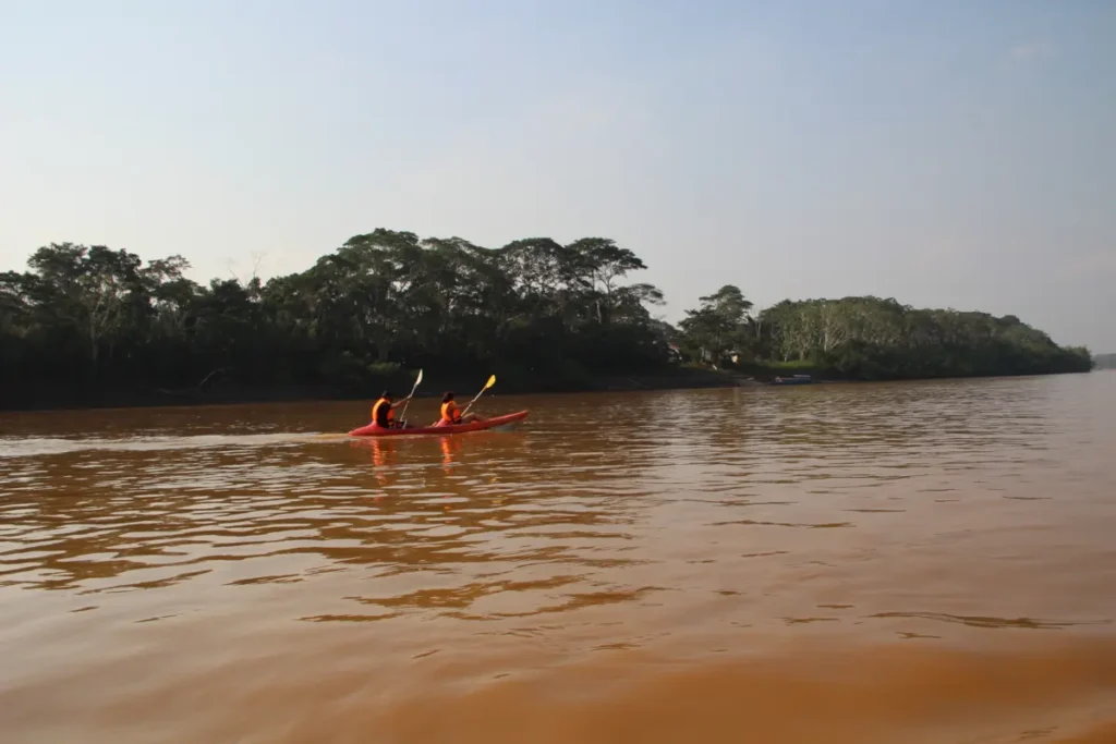 A couple on a canoe trip down the river
