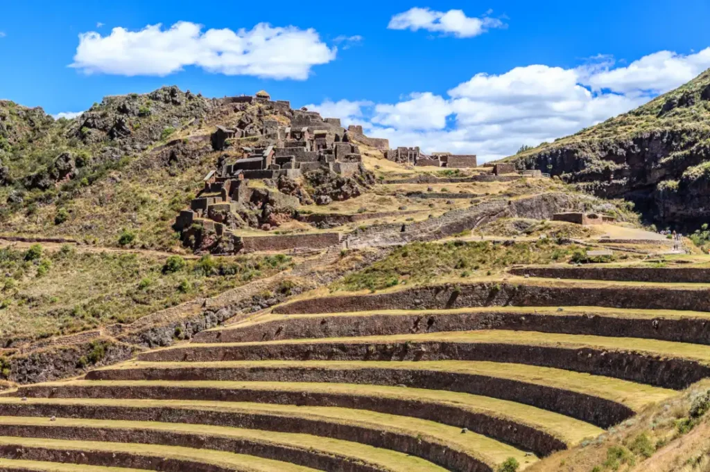 Ruins of the ancient Inca city with mountain terraces in Pisac